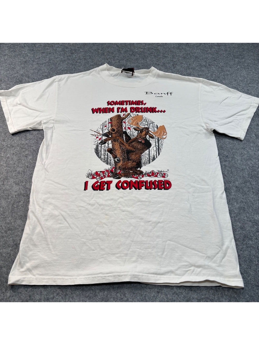 Vintage Banff Canada Moose T Shirt Mens Large 90s Humor Drinking Graphic White